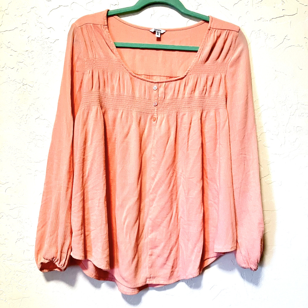 Sonoma Coral Pink Gauzy Flowy Boho Top Peasant Blouse Smocked Yoke Sz PL